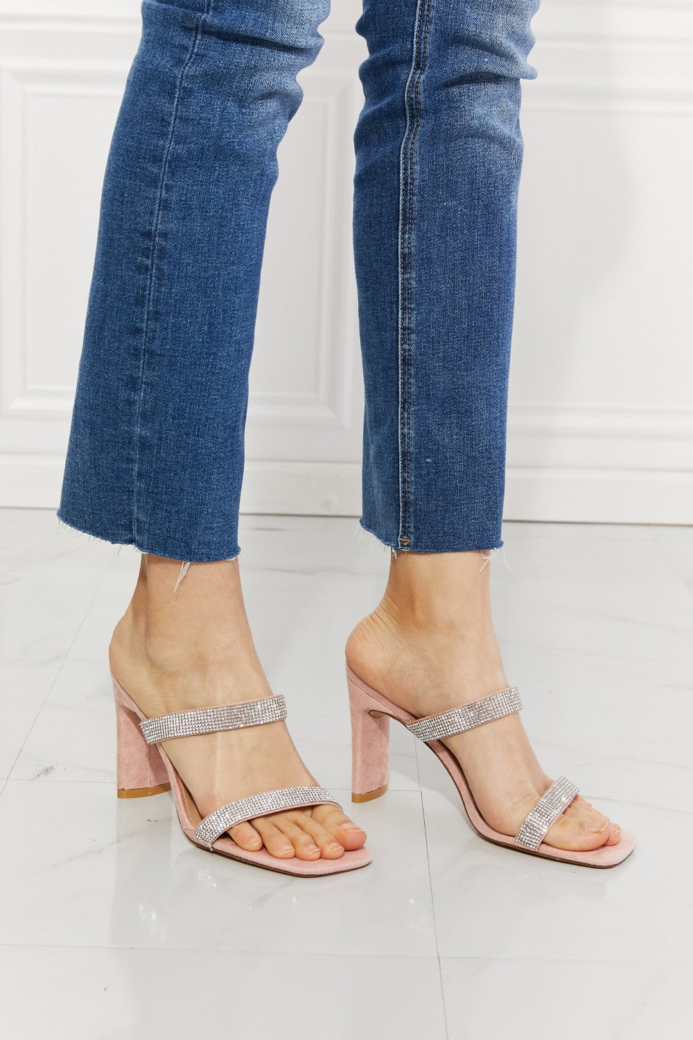 Mmshoes Leave A Little Sparkle Rhinestone Block Heel Sandal In Pink