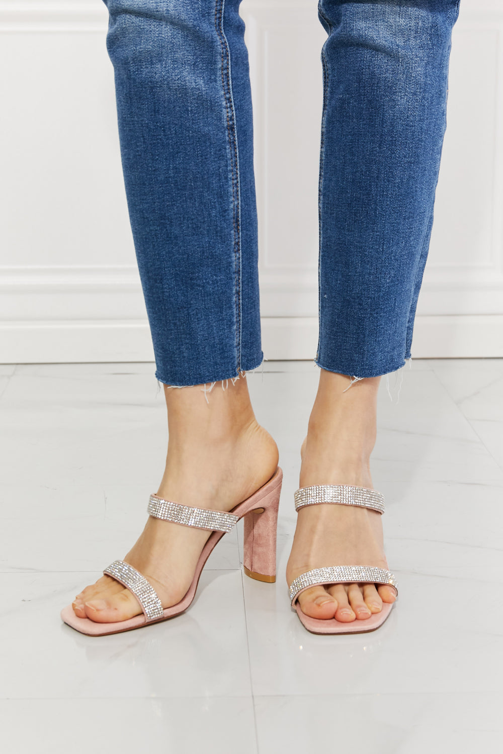 Mmshoes Leave A Little Sparkle Rhinestone Block Heel Sandal In Pink