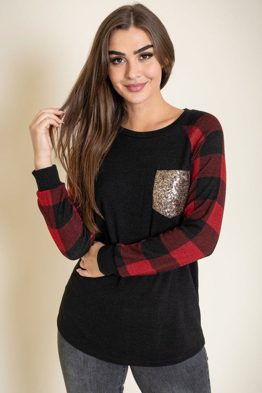 EG fashion Plus Checker Sleeve Sequin Pocket Tunic