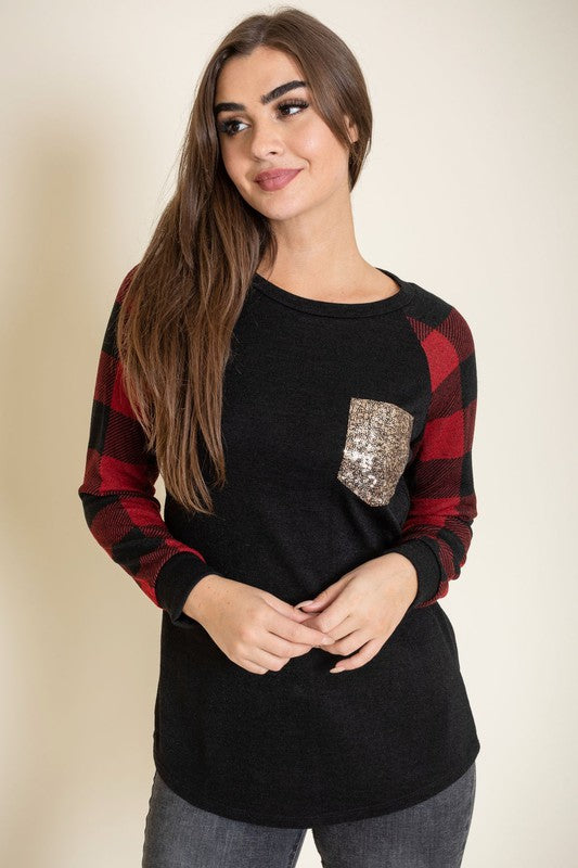 EG fashion Plus Checker Sleeve Sequin Pocket Tunic