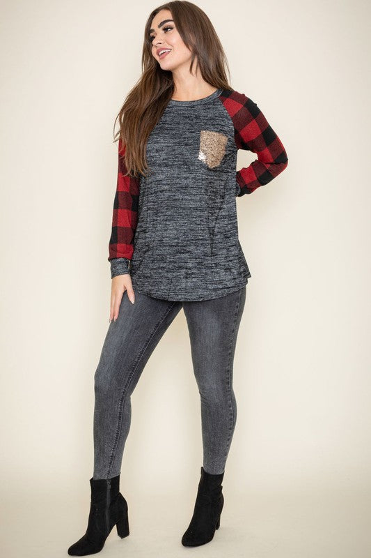 EG fashion Checker Sleeve Sequin Pocket Tunic