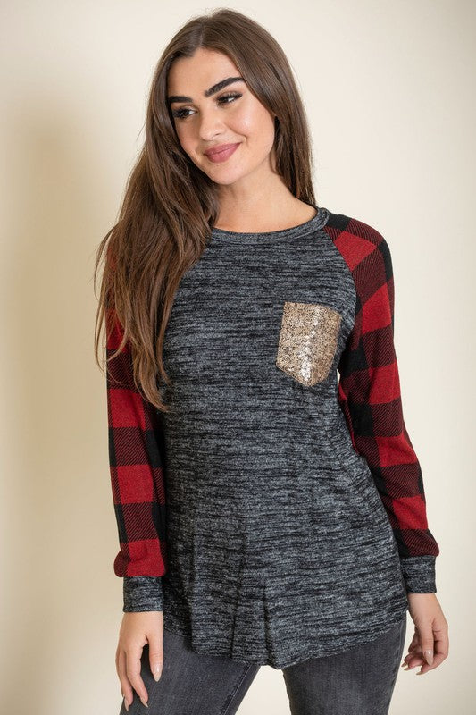 EG fashion Checker Sleeve Sequin Pocket Tunic
