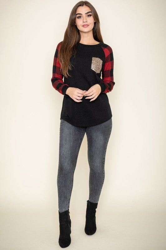 EG fashion Checker Sleeve Sequin Pocket Tunic