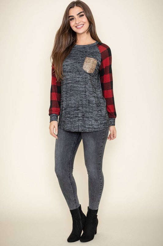 EG fashion Checker Sleeve Sequin Pocket Tunic