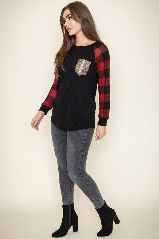 EG fashion Plus Checker Sleeve Sequin Pocket Tunic