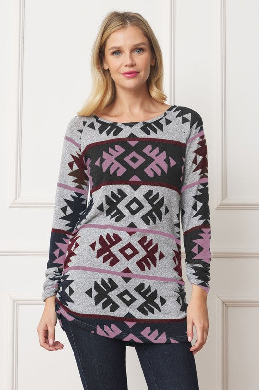 EG fashion Aztec Shirred Side Accent Top
