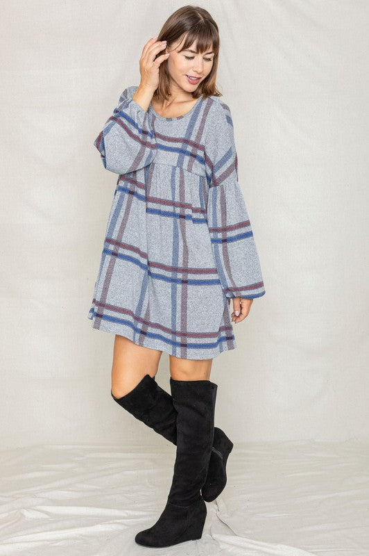 EG fashion Plaid Empire Waist Balloon Sleeve Mini Dress