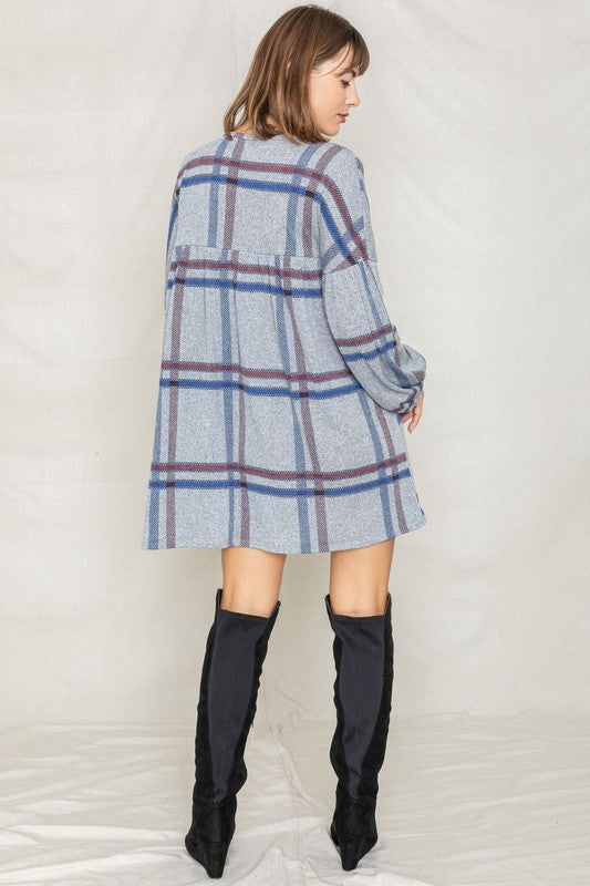 EG fashion Plus Plaid Empire Waist Balloon Sleeve Mini Dress