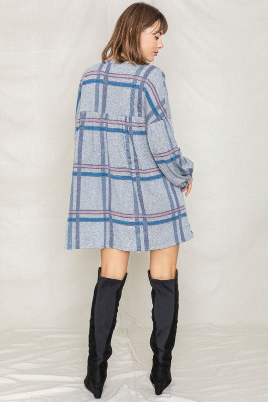 EG fashion Plaid Empire Waist Balloon Sleeve Mini Dress