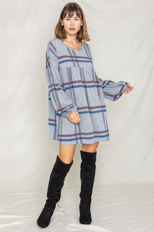 EG fashion Plaid Empire Waist Balloon Sleeve Mini Dress
