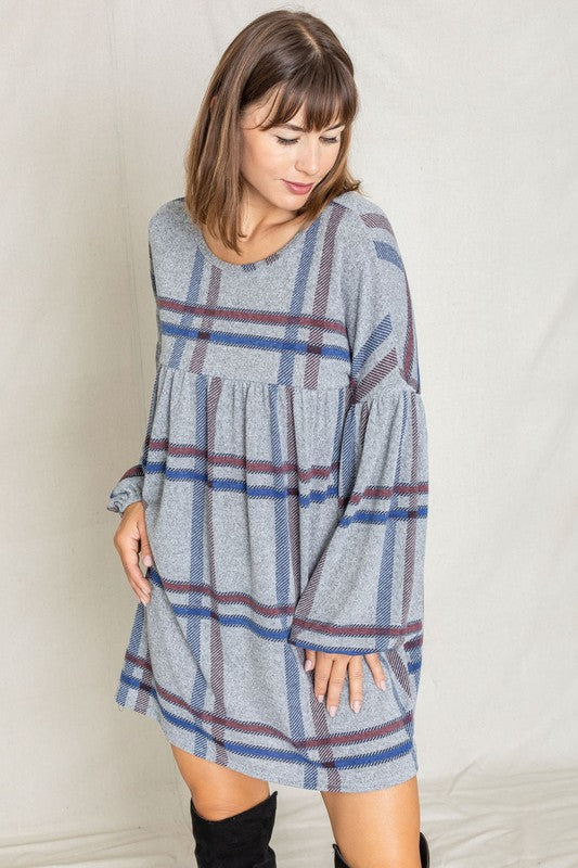EG fashion Plaid Empire Waist Balloon Sleeve Mini Dress