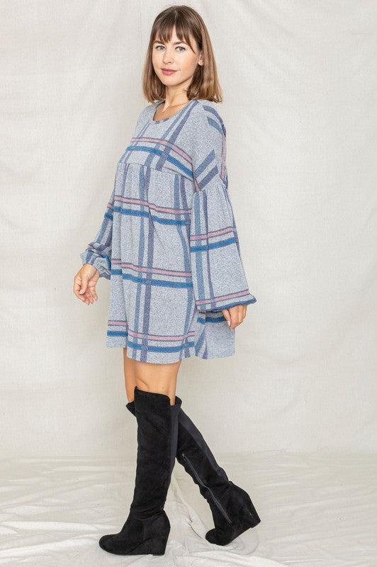EG fashion Plaid Empire Waist Balloon Sleeve Mini Dress