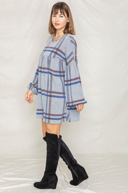 EG fashion Plaid Empire Waist Balloon Sleeve Mini Dress