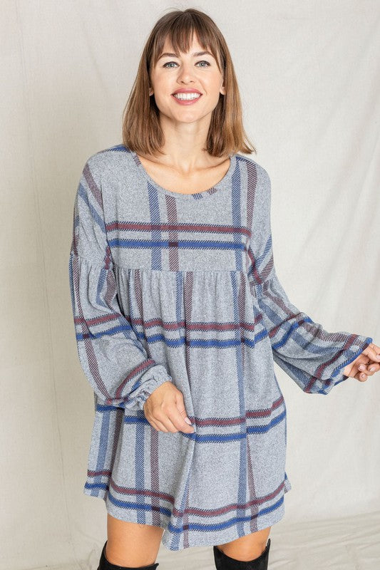 EG fashion Plus Plaid Empire Waist Balloon Sleeve Mini Dress