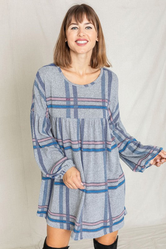 EG fashion Plaid Empire Waist Balloon Sleeve Mini Dress