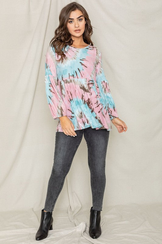 EG fashion Swirl Tie Dye Bishop Sleeve Tunic
