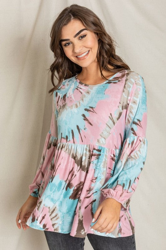 EG fashion Swirl Tie Dye Bishop Sleeve Tunic