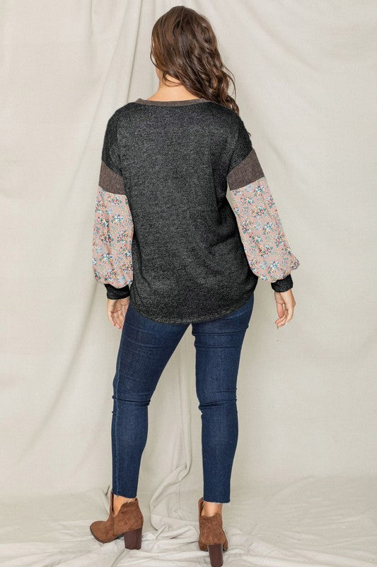 EG fashion EG fashion Floral Bishop Sleeve Color Block Tunic