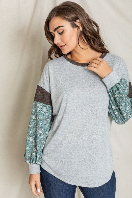 EG fashion Floral Bishop Sleeve Color Block Tunic