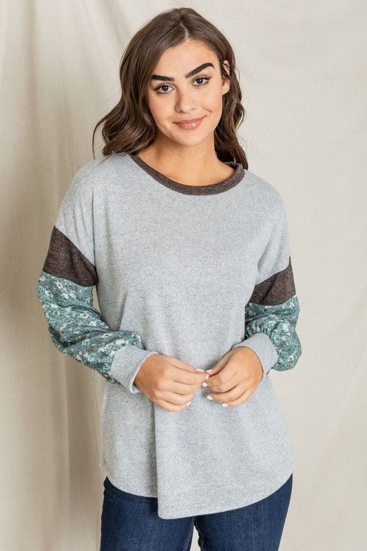 EG fashion Floral Bishop Sleeve Color Block Tunic
