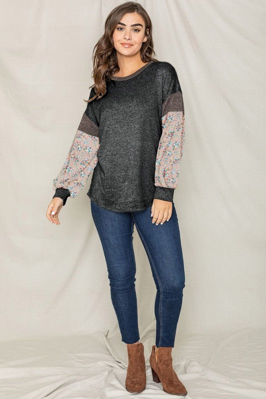 EG fashion Floral Bishop Sleeve Color Block Tunic