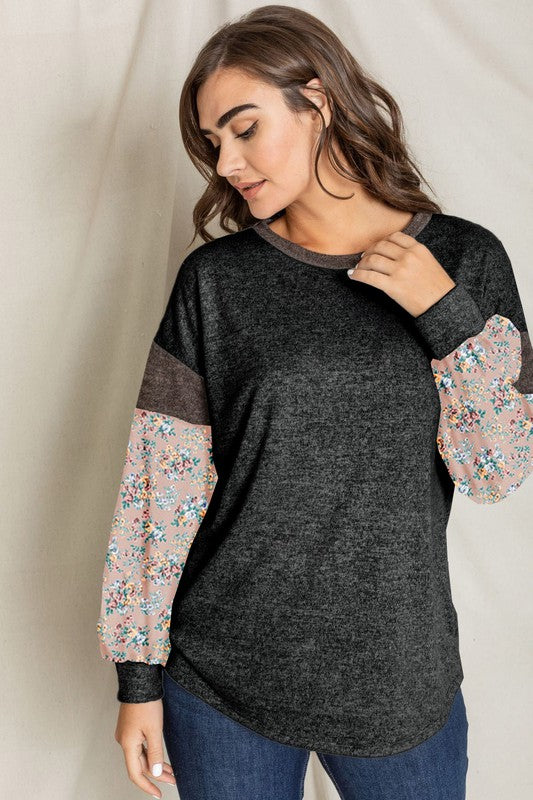 EG fashion Floral Bishop Sleeve Color Block Tunic