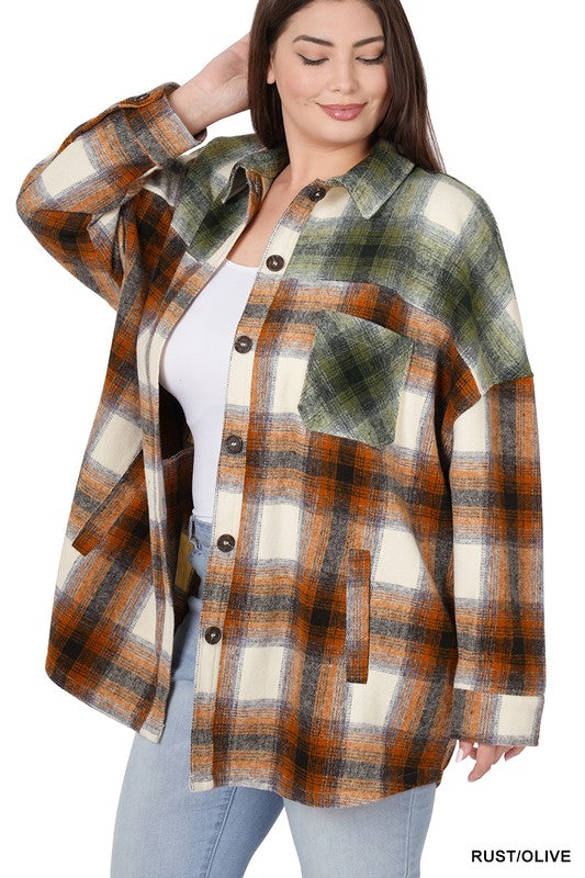PLUS OVERSIZED YARN DYED PLAID LONGLINE SHACKET