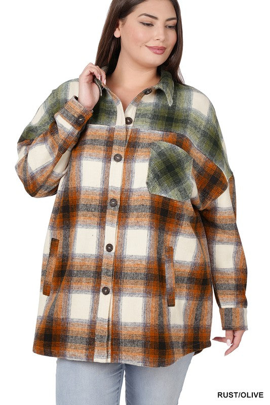 PLUS OVERSIZED YARN DYED PLAID LONGLINE SHACKET