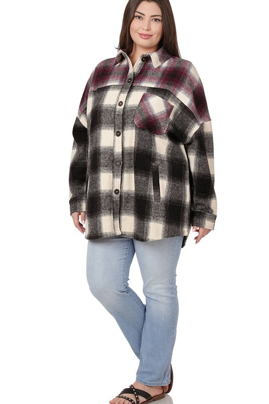 PLUS OVERSIZED YARN DYED PLAID LONGLINE SHACKET