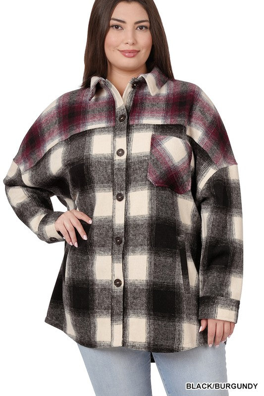 PLUS OVERSIZED YARN DYED PLAID LONGLINE SHACKET