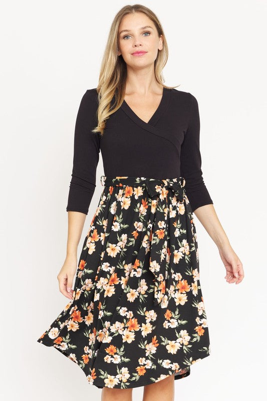 EG fashion Surplice Floral Sash Midi Dress