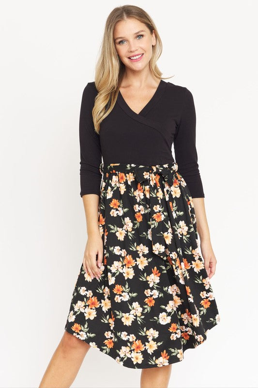 EG fashion Surplice Floral Sash Midi Dress