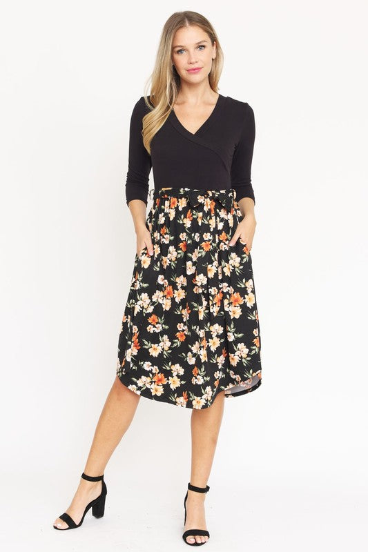 EG fashion Surplice Floral Sash Midi Dress