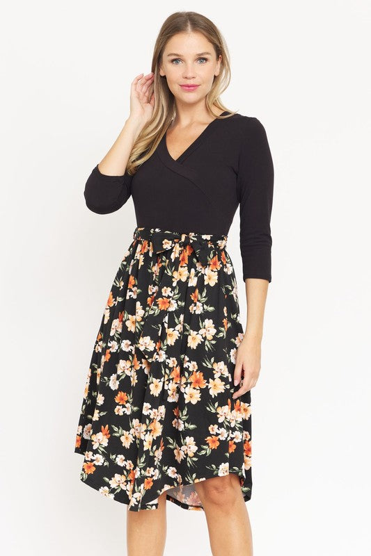EG fashion Surplice Floral Sash Midi Dress