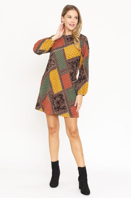 EG fashion Bishop Sleeve Multi Patch Pattern Mini Dress