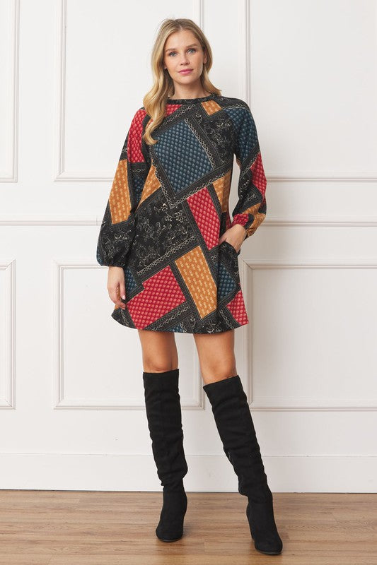 EG fashion Bishop Sleeve Multi Patch Pattern Mini Dress