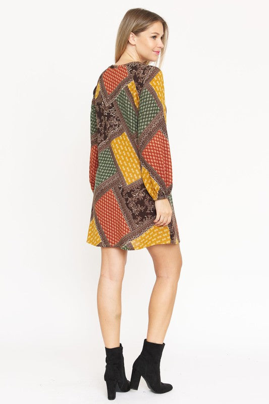 EG fashion Bishop Sleeve Multi Patch Pattern Mini Dress