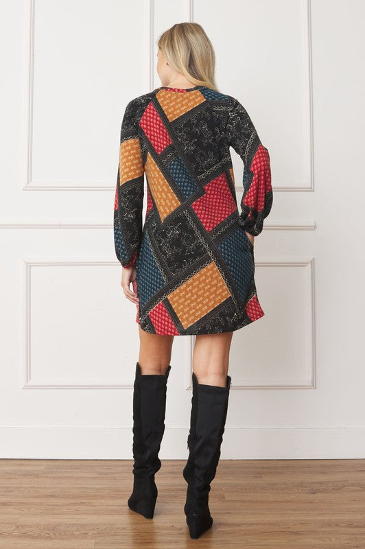 EG fashion Bishop Sleeve Multi Patch Pattern Mini Dress