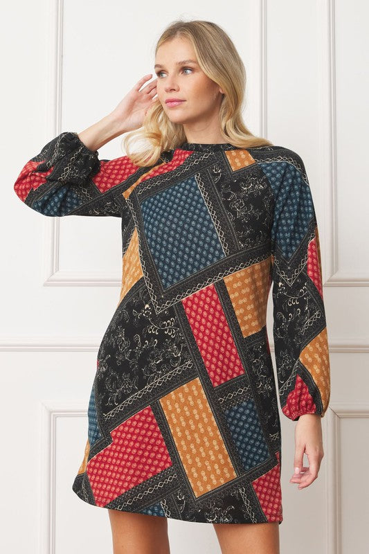 EG fashion Bishop Sleeve Multi Patch Pattern Mini Dress