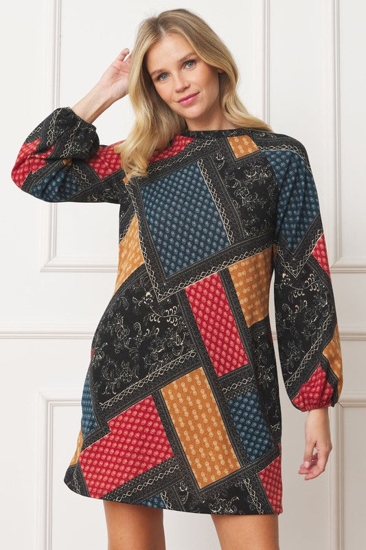 EG fashion Bishop Sleeve Multi Patch Pattern Mini Dress
