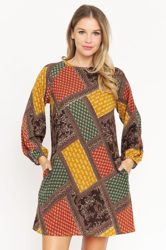 EG fashion Bishop Sleeve Multi Patch Pattern Mini Dress