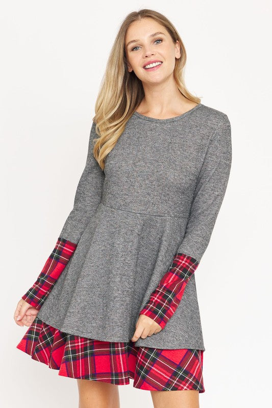EG fashion Terry Plaid Layered Fit And Flare Dress