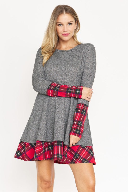 EG fashion Terry Plaid Layered Fit And Flare Dress