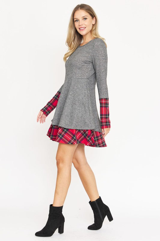 EG fashion Terry Plaid Layered Fit And Flare Dress