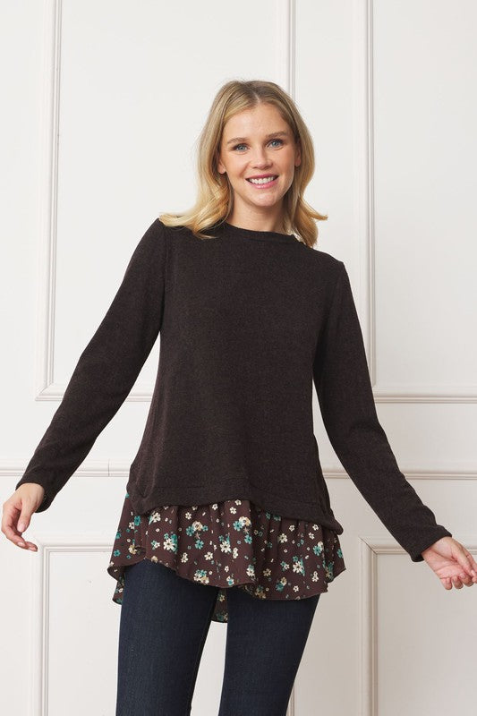 EG fashion Layered Floral Tulip Hem Back Accent Top