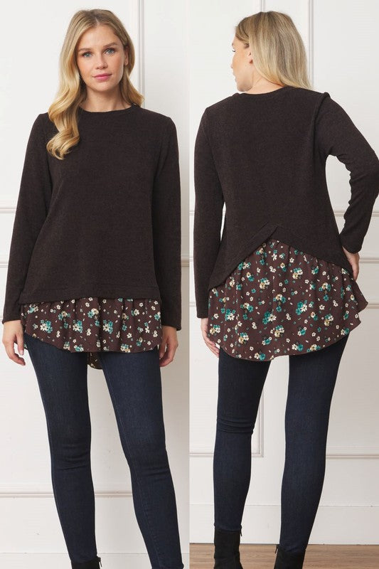 EG fashion Layered Floral Tulip Hem Back Accent Top