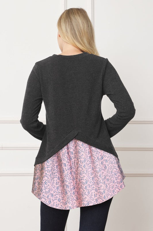 EG fashion Layered Floral Tulip Hem Back Accent Top