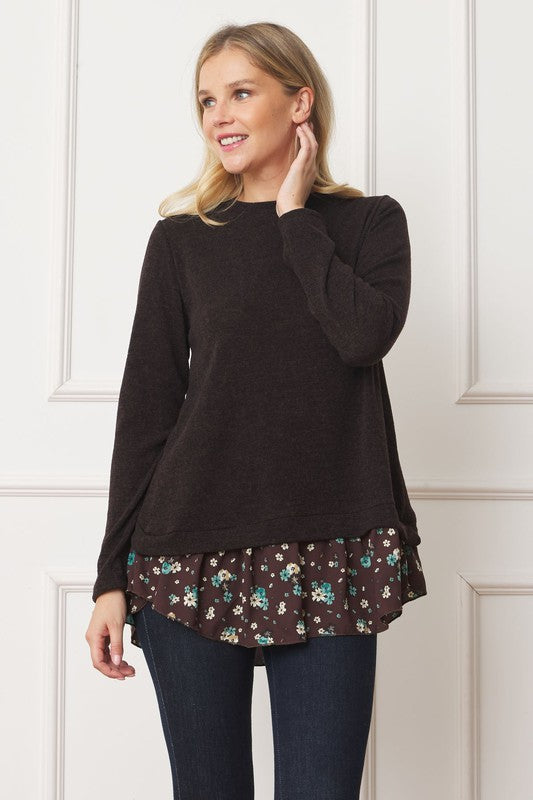 EG fashion Layered Floral Tulip Hem Back Accent Top