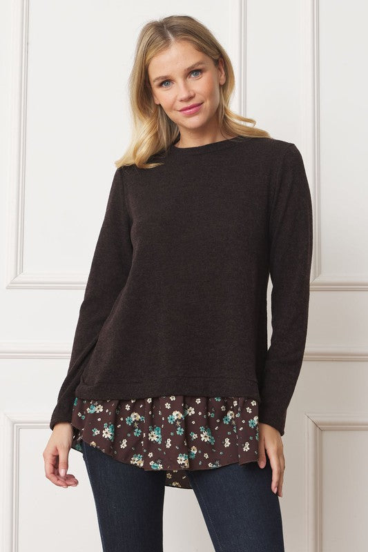 EG fashion Layered Floral Tulip Hem Back Accent Top