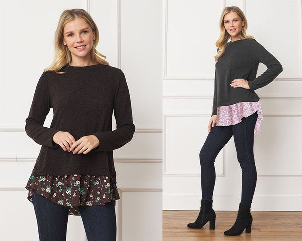 EG fashion Layered Floral Tulip Hem Back Accent Top